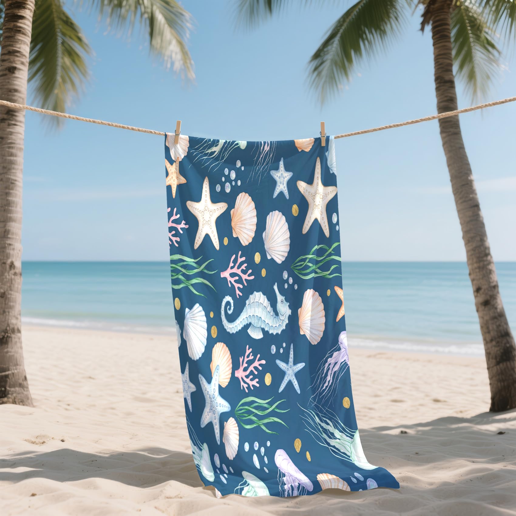 Serviette de Plage XXL Microfibre Coquillage étoile de Mer Hippocampe, Drap de Plage Séchage Rapide Anti Sable & Légère, Serviette de Bain Grande Taille 200x200 cm, Accessoire & Cadeau été
