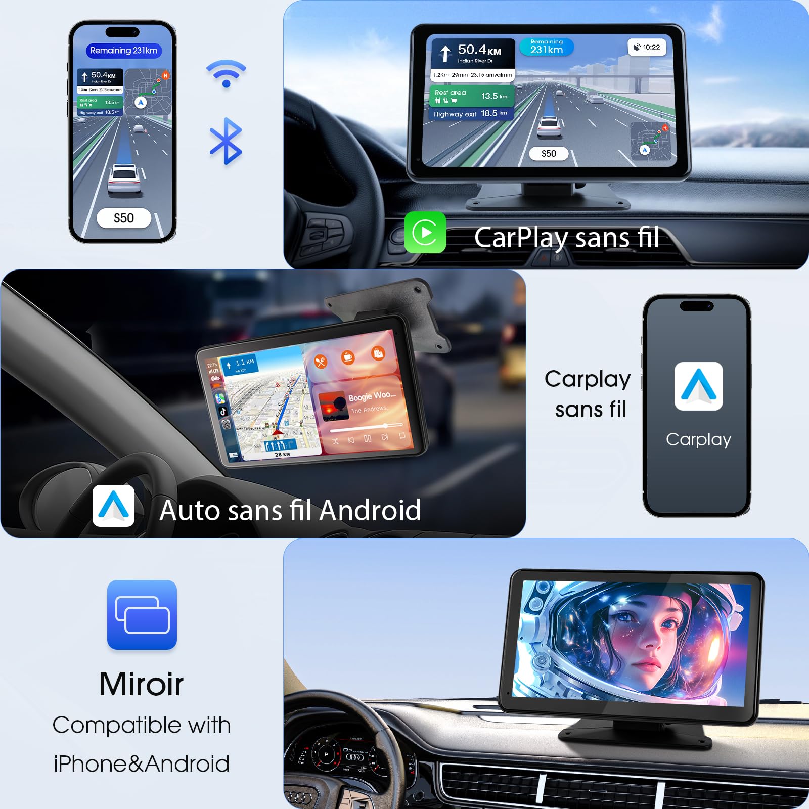 Haudio Portable CarPlay Voiture et CarPlay & Android Auto sans Fil, 7 Pouces Ecran Tactile avec Caméra de Recul, Bluetooth, Mirror Link, GPS, Commande Vocale, for Divers Véhicules