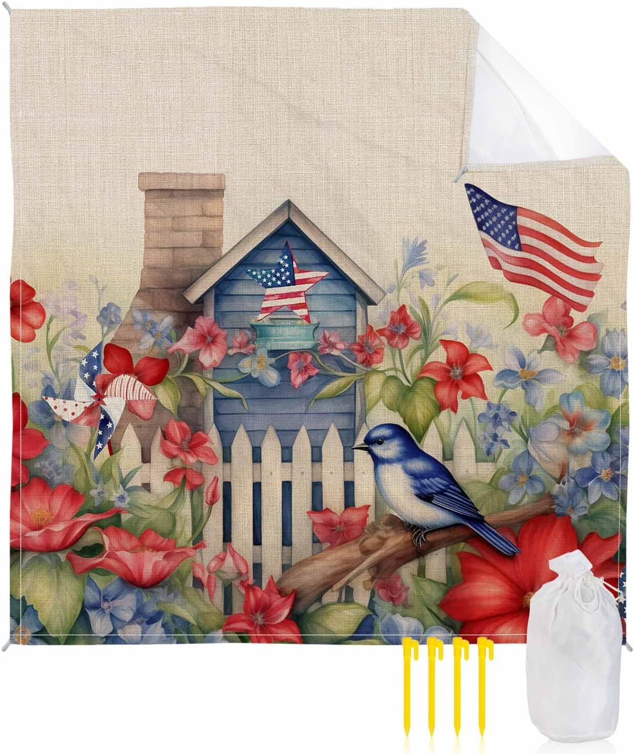 Independence Day Farm Bird Flower Beach Blanket Waterproof Sandproof Outdoor Picnic Mat 118"x108" Vintage Garden Floral Leaves on Flax Lightweight Large Beach Blankets with 4 Stake & 4 Corner Pockets