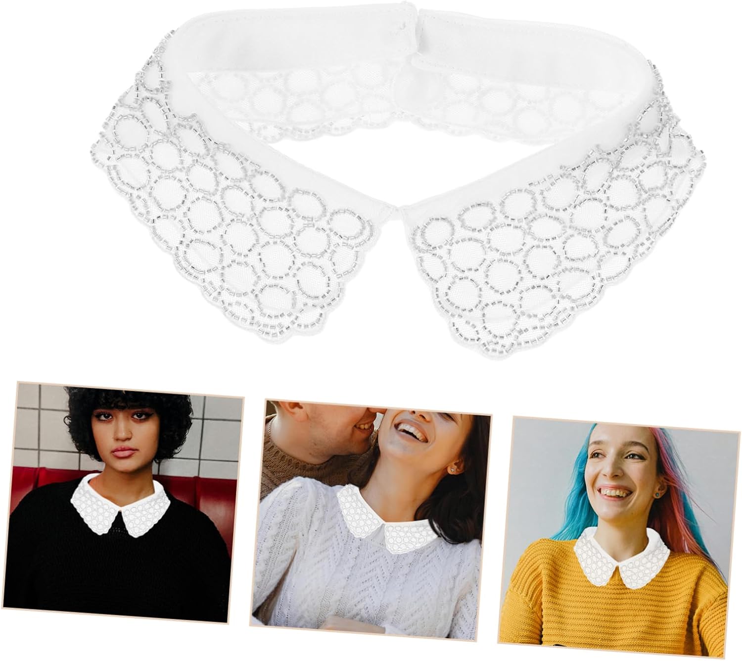 Women Beaded Detachable Faux Collar Shirt Accessory White Polyester