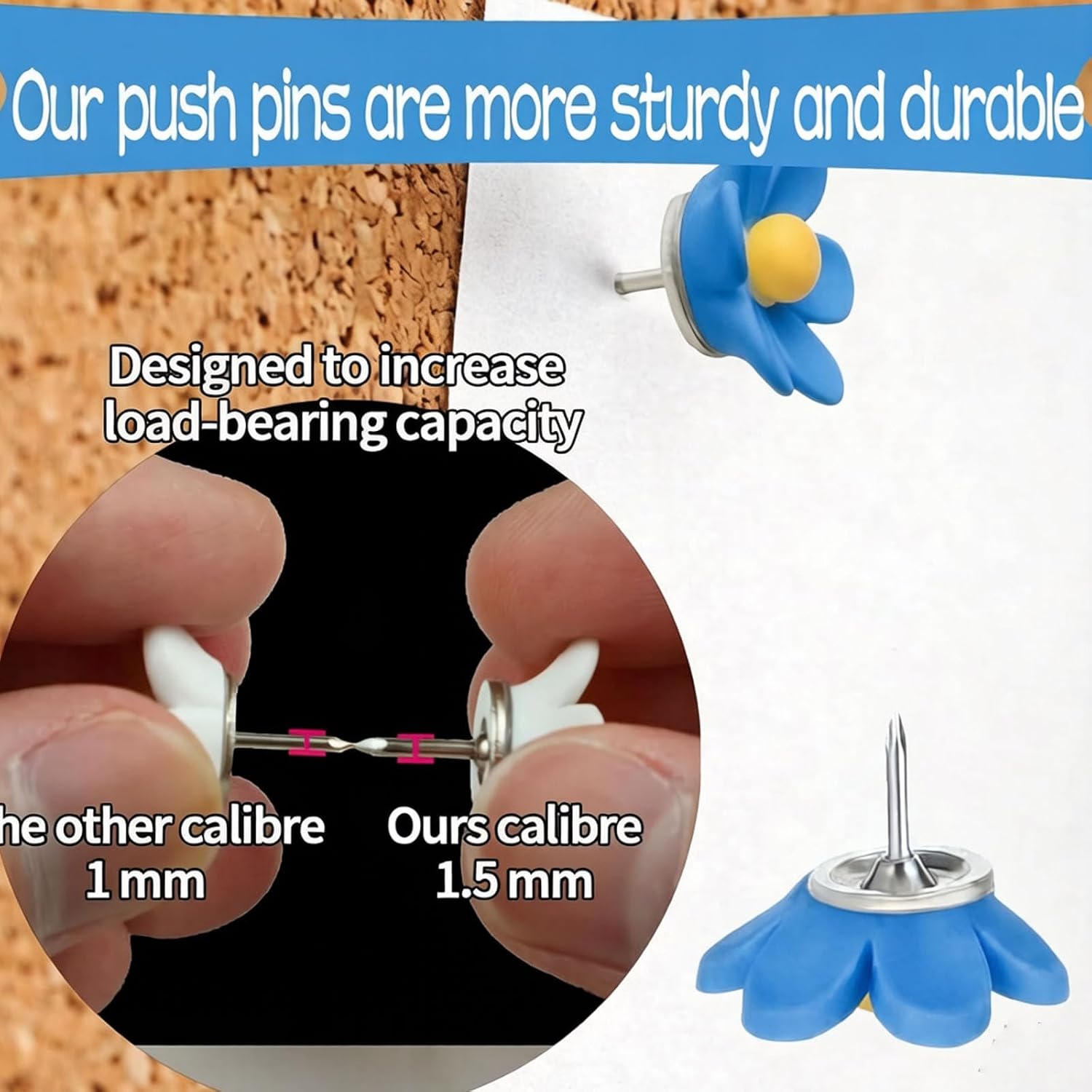 50 Pcs Flower Push Pins Cute Decorative Colorful Floral Thumb Tacks,Flower Decorative Pins and Tacks,Cork Board Thumbtacks for Bulletin Board Office Hanging Photo Poster Feature Wall (Blue +White) image 5