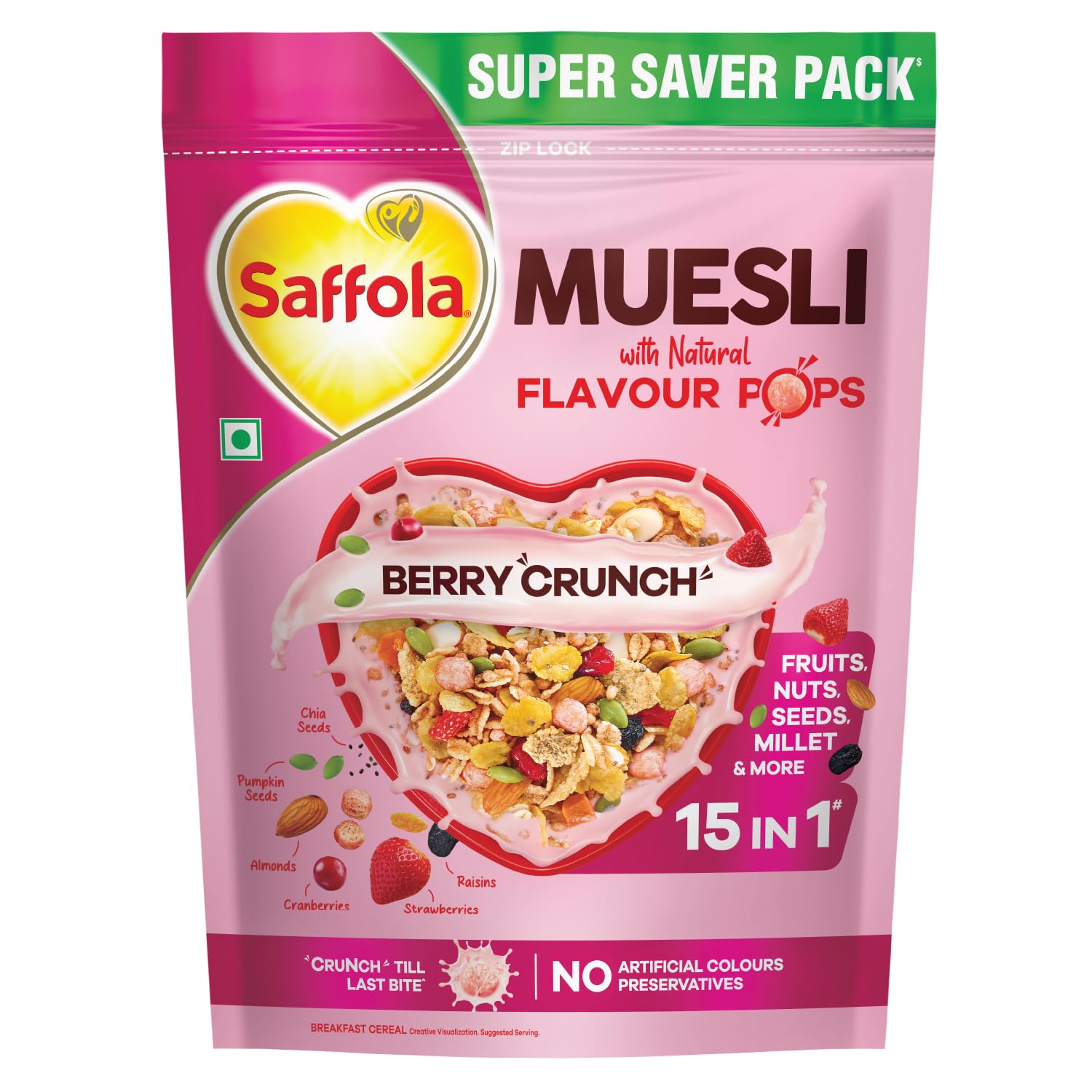 Saffola Muesli Fruit & Nut Berry Crunch with Flavour Pops, 700 gm | 15 in 1 Fruit and Nuts, Seeds, Millet & more | Cereals for breakfast rich in wholegrain, protein, fibre