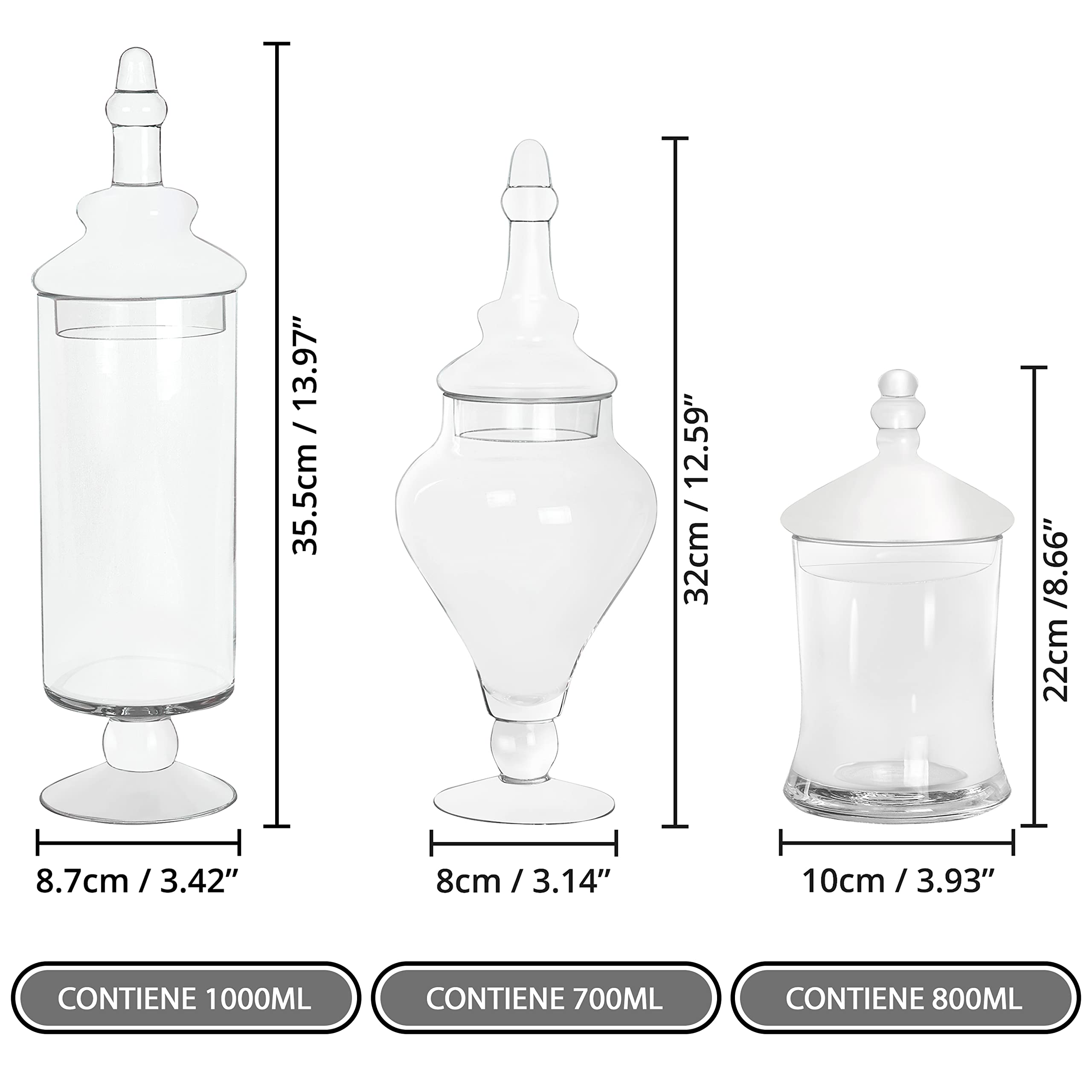 Belle Vous Set di 3 bomboniere in vetro trasparente con coperchio, per matrimoni, casa, cibo, buffet, biscotti, cucina e feste
