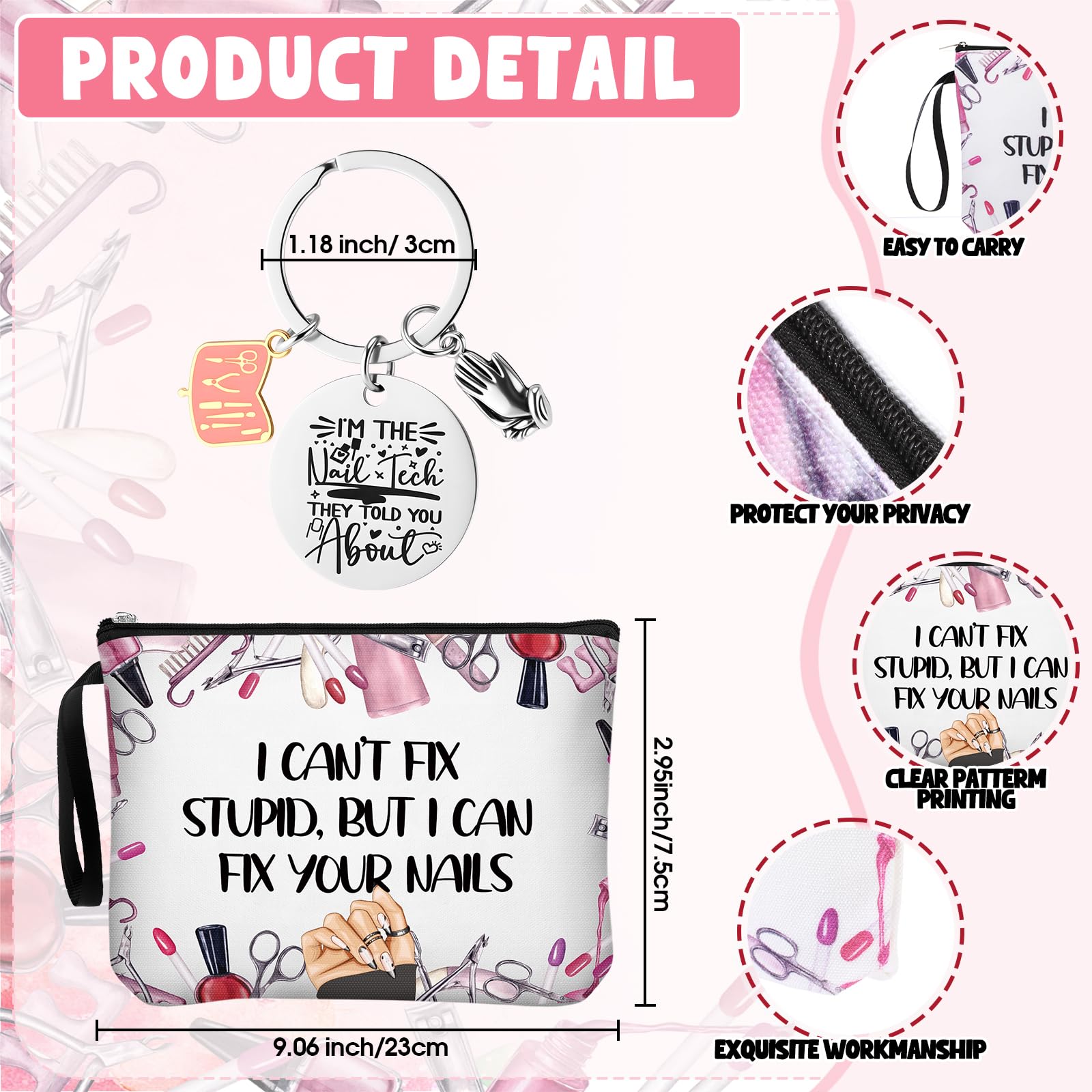 Shinylin 3 Pcs Nail Tech Gifts Set for Women 1 Glass Tumbler with Lids and Straw 1 Travel Makeup Bag 1 Novelty Keychain Manicurist Gifts for Birthday Graduation