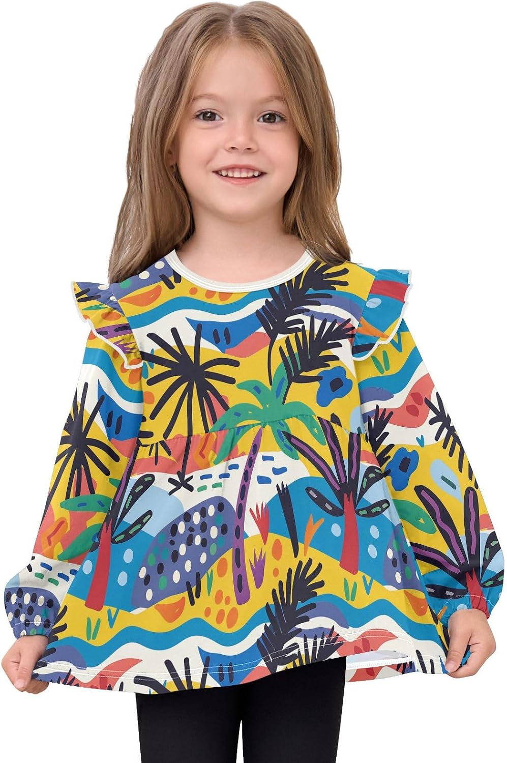 visesunny Toddler Clothes for Girls Paper Cutout Seaside Long Sleeve Fall Shirts Cotton Top with Ruffle Collar
