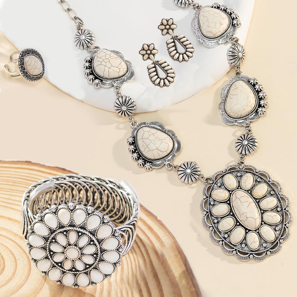 4 Pack Boho Vintage Turquoise Jewelry for Women, Bohemian Western Jewelry Set with Vintage Turquoise Necklace Dangle Earrings Stretchable Bracelet Ring, Country Cowgirl Accessories for Gift - Image 6