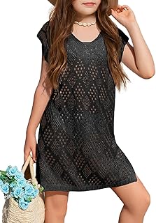 ZDC Girls Hollow Out Knitted Swimsuit Cover Up Kids Fashion Split Hem Coverups Beach Dress 5-14 Years