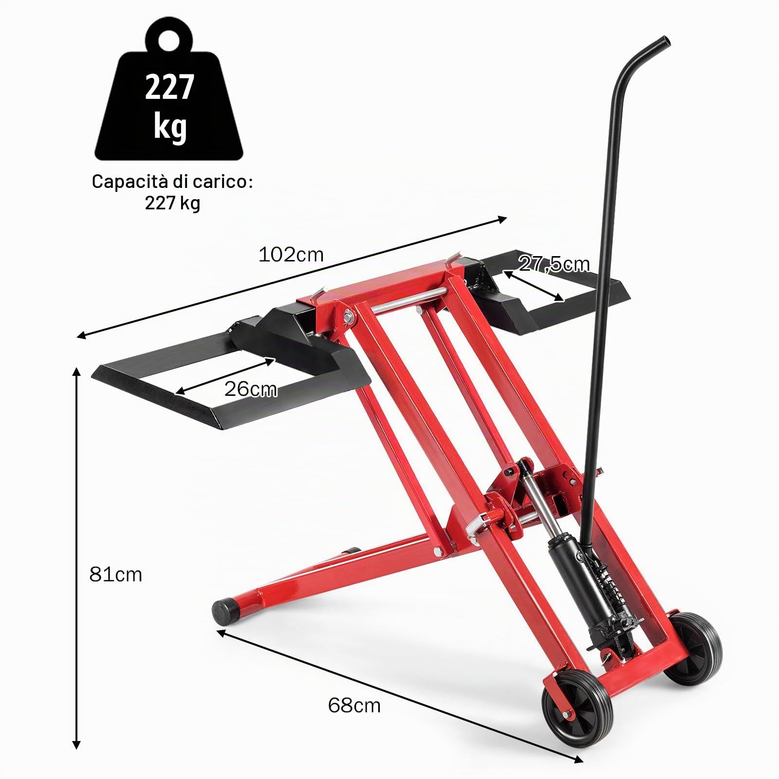 GYMAX Sollevatore Portatile per Tosaerba, Supporto Idraulico Pieghevole con 2 Ruote, 3 Altezze Regolabili, Capacità di Carico 227 KG, Piattaforma di Sollevamento Idraulica per Tosaerba, Trattori