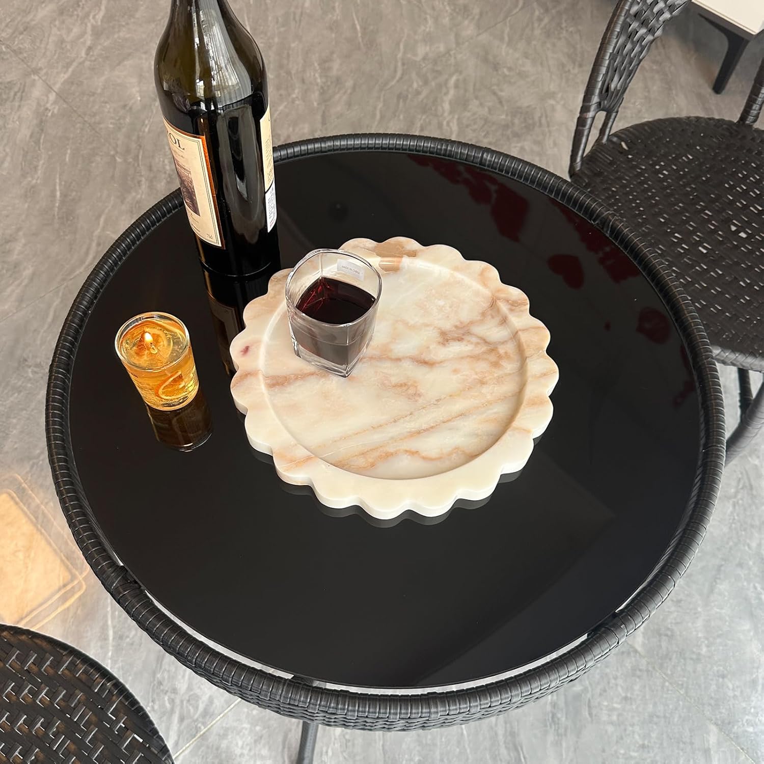 11" Large Round Marble Tray with Scalloped Edge, Circular Marble Decorative Tray for Coffee Table (Calacatta Gold)