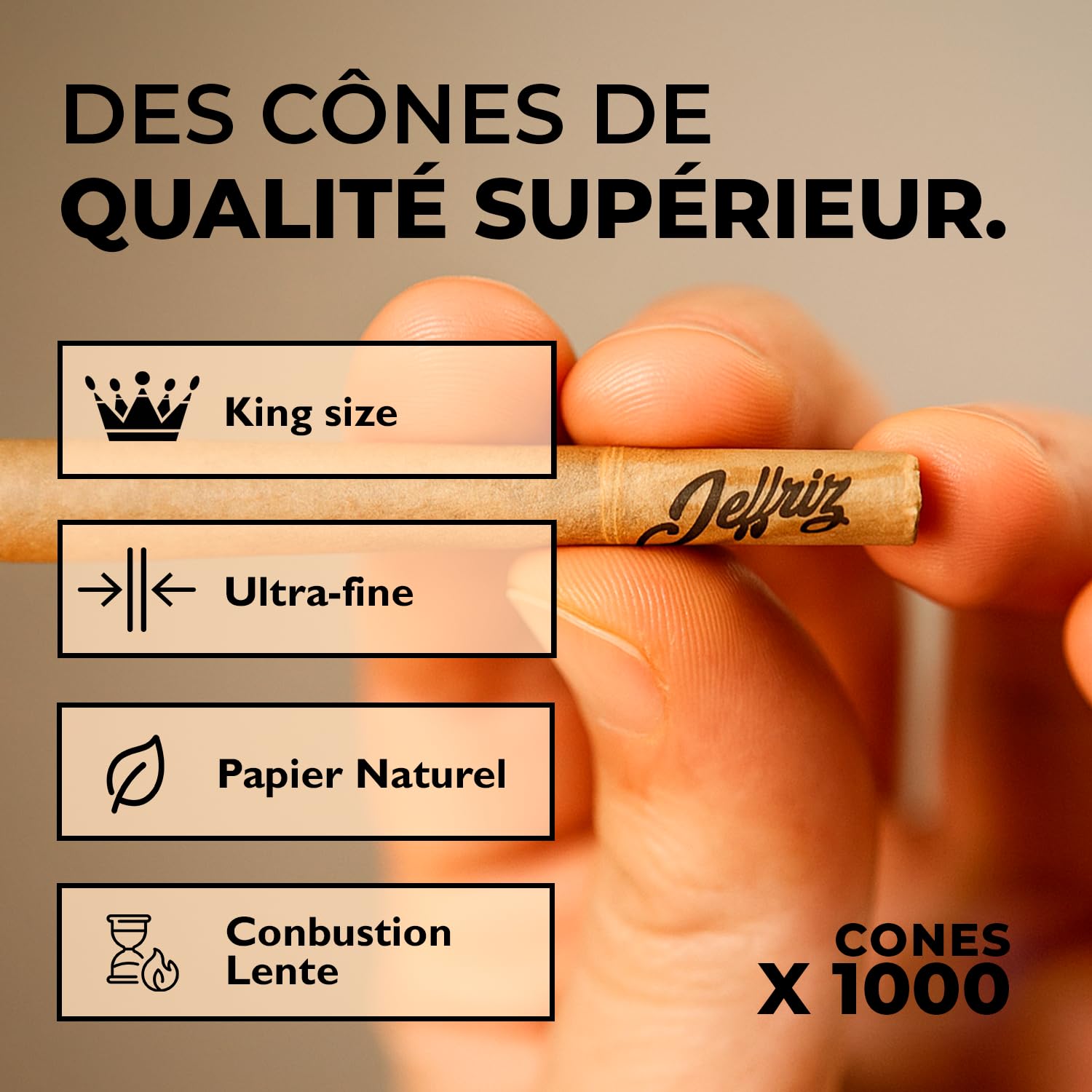 Cônes Pré-Roulés | 1000 cones | JEFFRIZ | King Size Slim 110mm Pre Rolls Papier Brun Naturel Non Blanchi avec Filtres | Combustion Lente | Entonnoir de Remplissage & Tube Anti-Odeur Inclus | Pack XXL