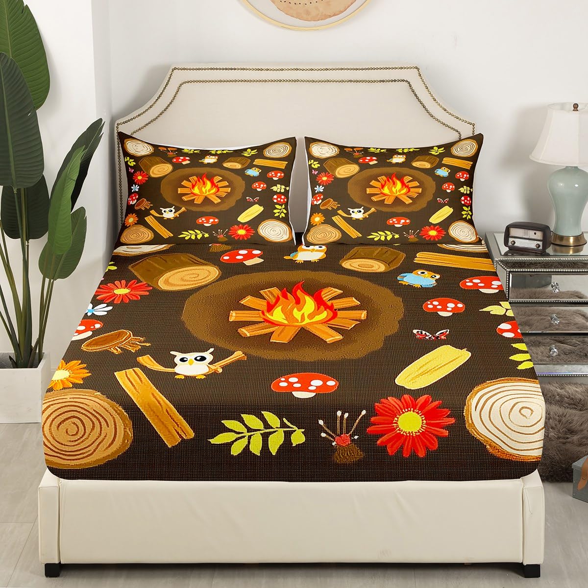 Erosebridal Campfire Bed Sheets Twin Size Tree Seats Fitted Sheet Cartoon Funny Owl Mushroom Bed Set for Kids Woodland Stump Brown Leaves Flowers Deep Pocket Bedroom Decor