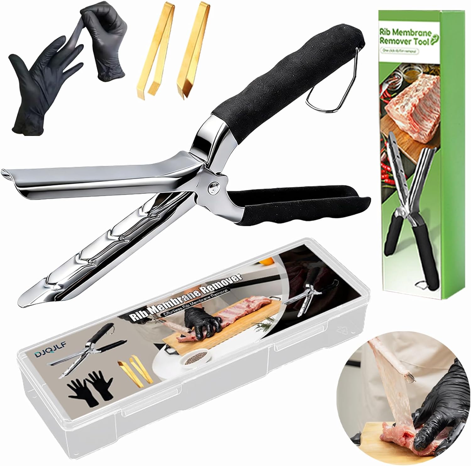 Rib Membrane Removal Tool Set - 2.5mm 304 Stainless Steel Rib Prep Tool with Ergonomic Grip, BBQ Rib Membrane Remover, Chicken Tendon Tool + Tweezers & Gloves for Meat Prep