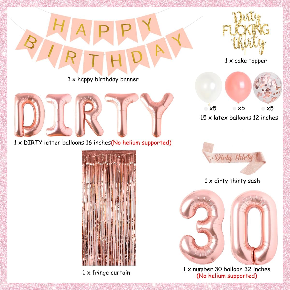 30th Birthday Party Decorations for Her Rose Gold Dirty Thirty Banner Balloon Dirty 30 Sash Cake Topper for 30 Years Old Birthday Party Supplies - Image 5