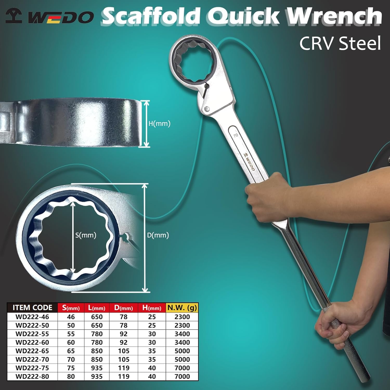 WEDO Scaffold Quick Wrench, Ratchet Spanner, One Side Ratchet Socket Wrench, Die-forged Ratcheting Socket Wrench, Size 65mm, length 850mm, Metric, Chrome Steel, Die-forged
