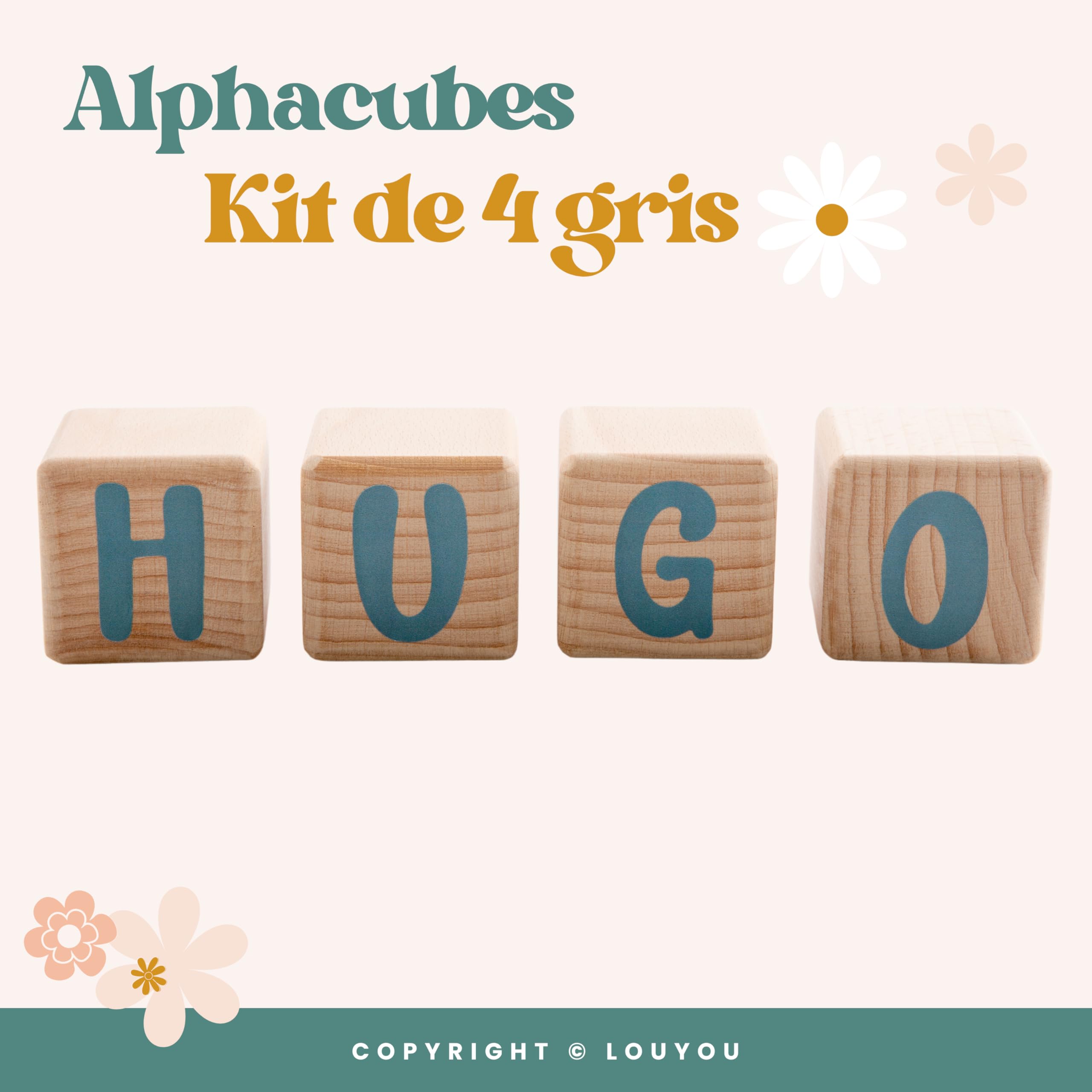 Cubos de Madera de 5cm x 5cm Kit de 4 Cubos con Pegatinas Grises - Letras de Madera de Gran Tamaño, Nombre Personalizado, Decoración para Habitación Infantil y Regalo de Nacimiento (Gris, 4)