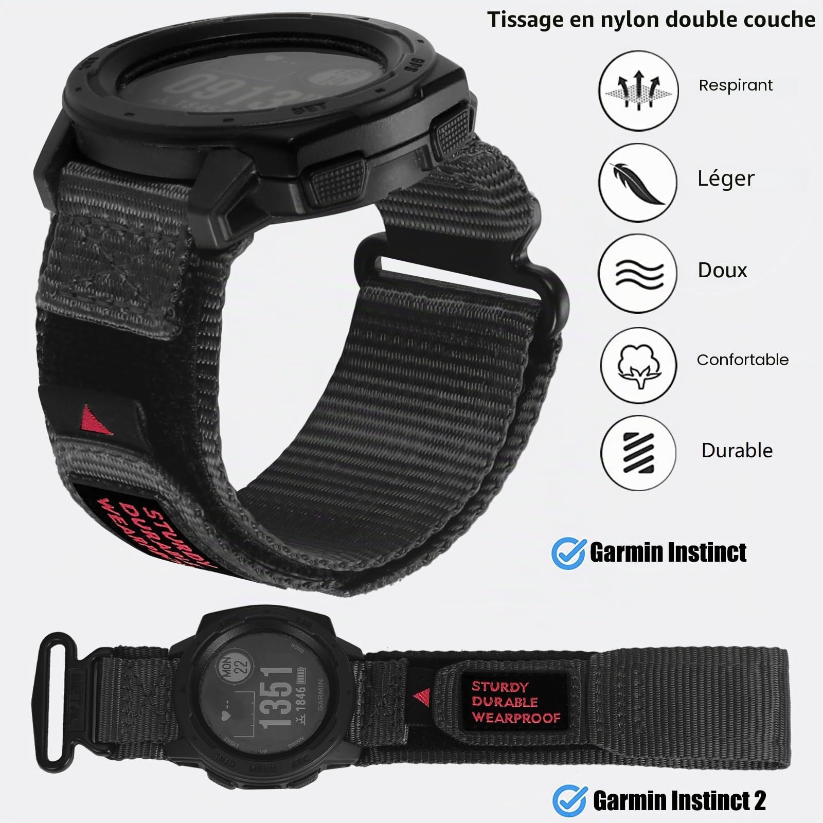 OTOPO Bracelet de montre pour Garmin Instinct/Instinct 2 Solar - Bracelet de rechange en nylon pour homme et femme - Pour Garmin Instinct Tactical/Esports/Solar/Tide