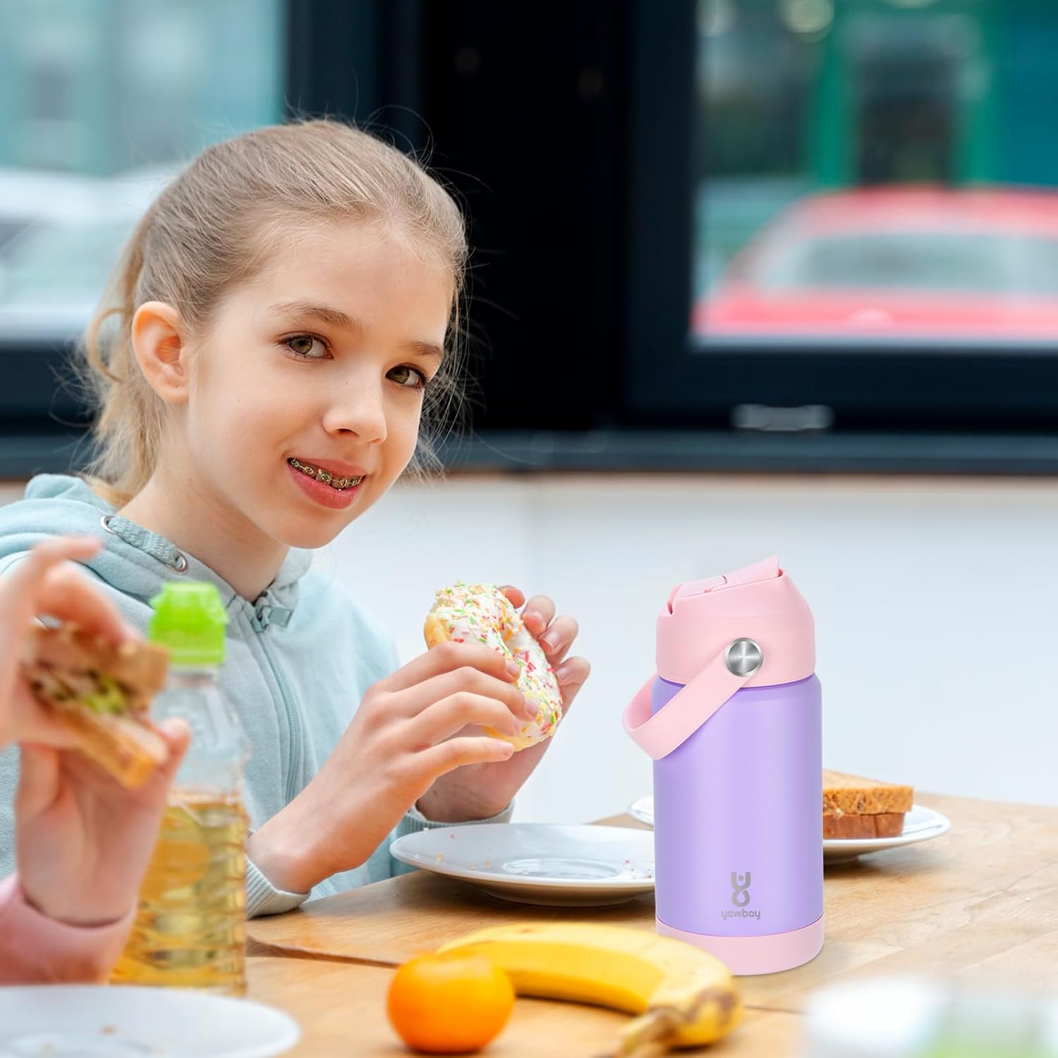 Kids Insulated Water Bottle with Straw Lid & Silicone Handle,12oz Kids Leak Proof Water Bottle for School Boys Girls,Double Wall Vacuum Stainless Steel with Non-slip Silicone Base(Light Purple) - Image 7