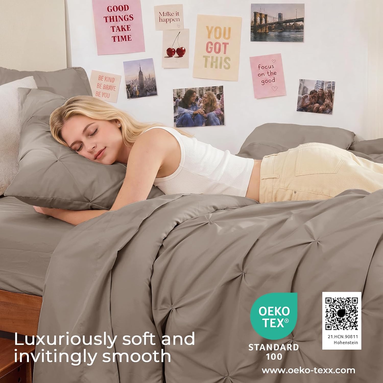 Sasttie Twin Comforter Set, 5-Piece Bed in a Bag, Pintuck Bedding Sets for All Season, Includes Comforter, Flat Sheet, Fitted Sheet, Pillowcase and Pillowsham, Dark Linen thumbnail