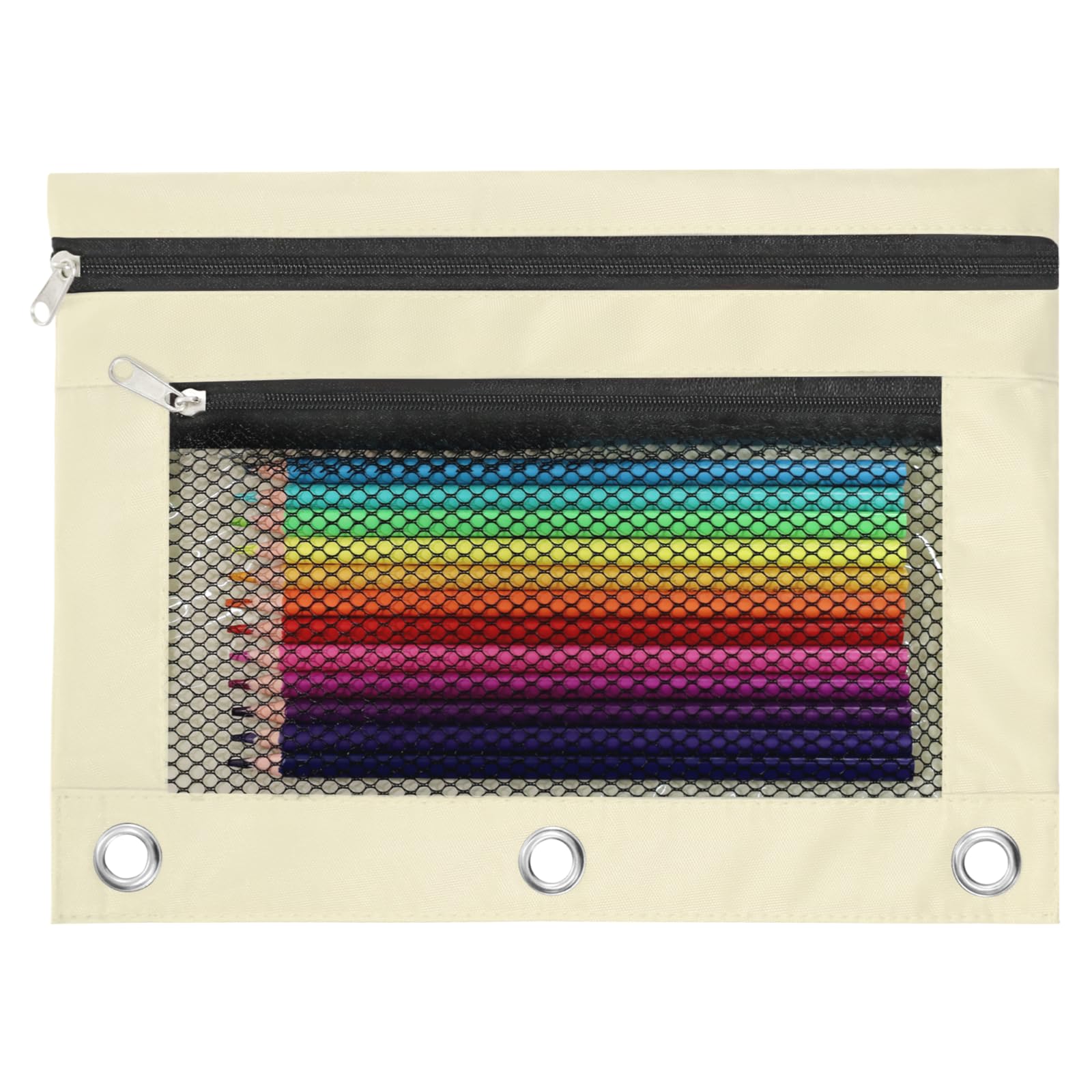 Pencil Pouch for 3 Ring Binder, Heavy Duty Canvas Dual Zipper Pen Bag with Clear Window, Smooth Metal Zipper, Fit Standard 3-Ring Binders for School Office Travel Supplies (Beige)