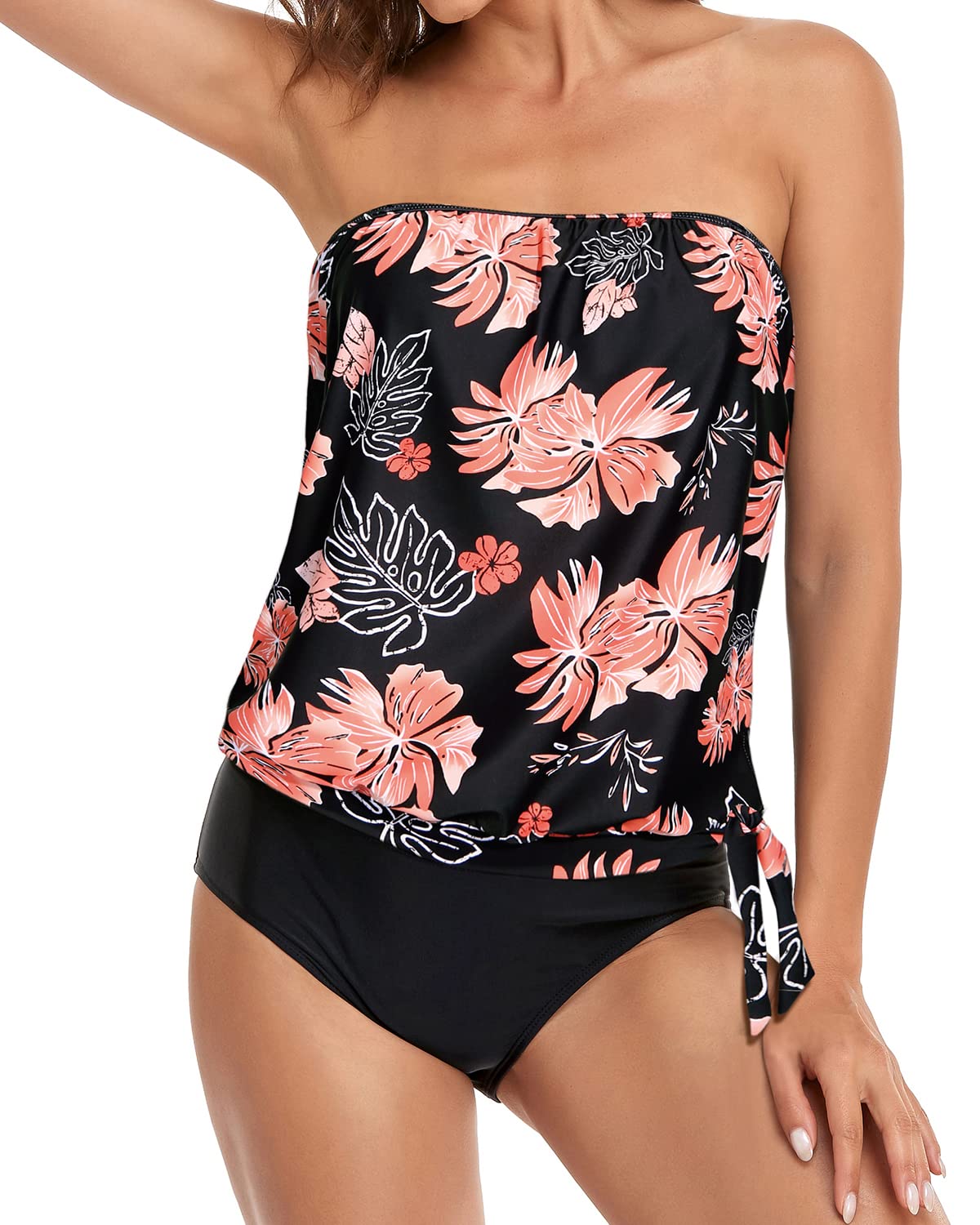 HolipickTwo Piece Bathing Suit Strapless Tankini Swimsuits for Women  Bandeau Swimsuits Blouson Tankini Tops with Bottom