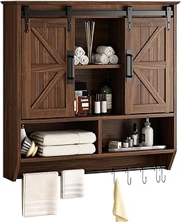 RUSTOWN Farmhouse Bathroom Wall Cabinet,3-Tier Rustic Wood Wall Mounted Cabinets,Vintage Medicine Cabinet with Sliding Barn Door and Adjustable Shelves,Over The Toilet Storage Cabinet (Dark Walnut)