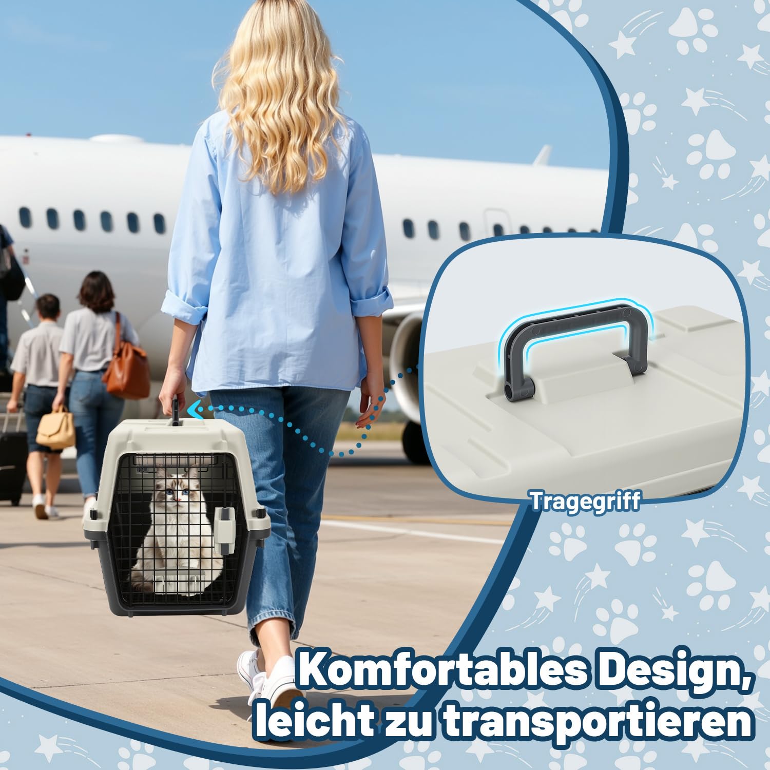 Pet Transportbox für Katzen, kleine Hunde & Nagetiere bis 10 kg, 60,4x42x39,8 cm, Leichte Hundetransportbox mit Metallgitter, Inkl. Grundausstattung