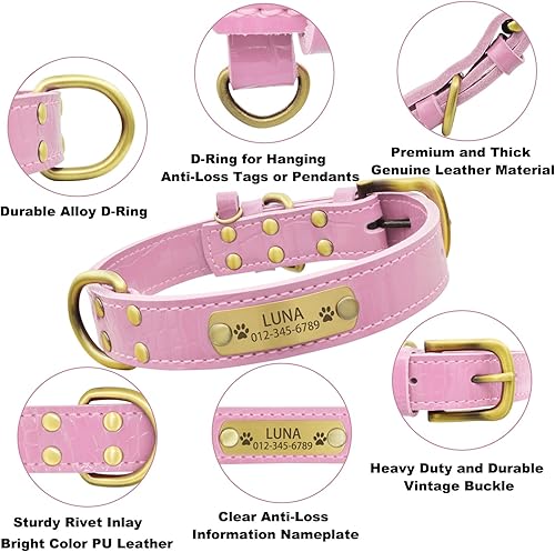 Miniatura 41 de Collar de perro de cuero genuino personalizado con placa de nombre grabada, duradero y elegante collar de perro personalizado para perros pequeños