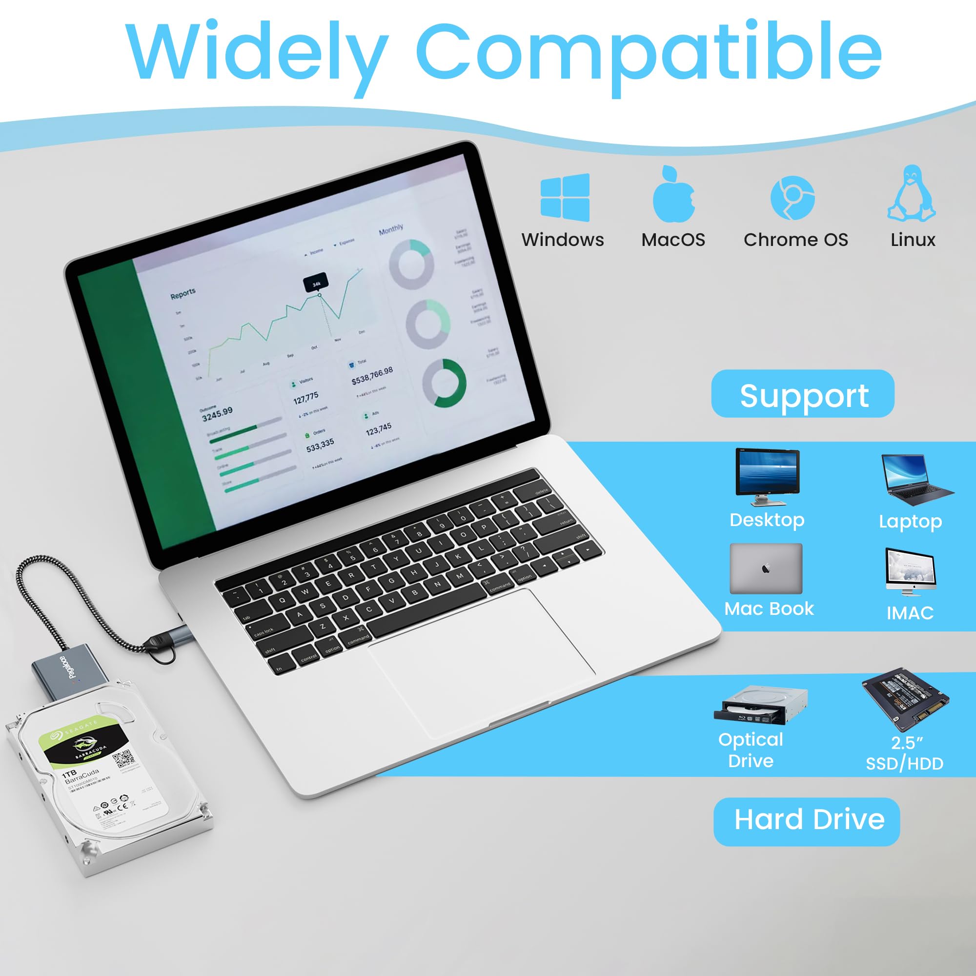 Cavo adattatore da SATA a USB 3.0 e USB C in nylon intrecciato per SSD/HDD da 2,5", convertitore esterno da USB 3.0 a SATA III, cavo in alluminio, supporta il trasferimento rapido UASP, compatibile
