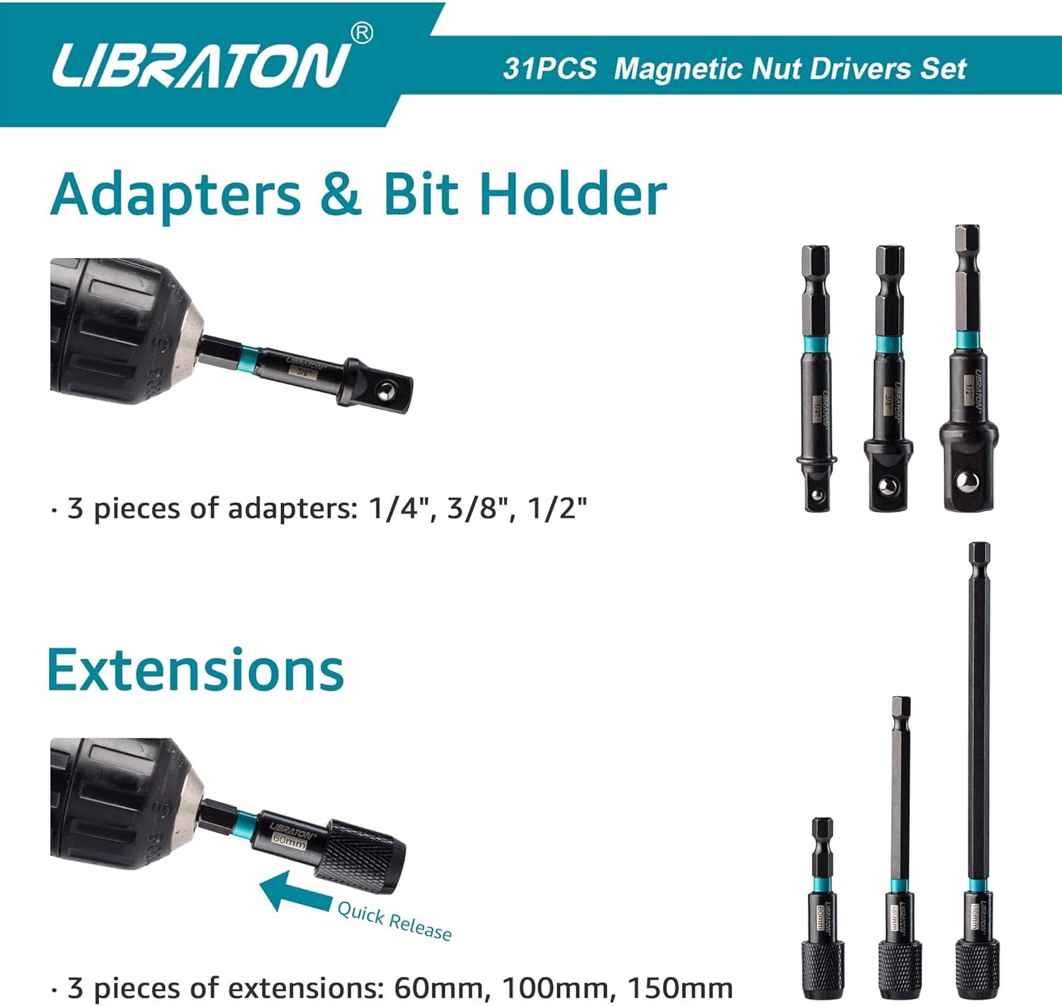 Libraton 31PCS Magnetic Nut Driver Set, Impact Drill Driver Bit Set 1/4", Metric and SAE Nut Driver, Screwdriver Bits, Impact Socket Adapters, Bit Holder, Quick-release Extensions with Storage Bag