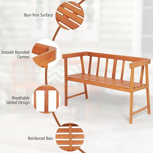 Miniatura 8 de HAPPYGRILL Banco de madera para exteriores, banco de madera para 2 personas con respaldo ergonómico y reposabrazos, marco de madera de eucalipto