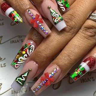 Christmas Press On Nails Long, Christmas Nails Glue On,Christmas Fake Nails With Glue, Colorful Christmas Nails Press On With Red Bow Design,Stick On Nails for Women 24Pcs
