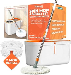 Spin Mop & Bucket Set - 360° Self-Wringing System, Stainless Steel Handle - Hands-Free Floor Cleaning for Hardwood, Tile, Laminate - Includes 2 Washable Microfiber Mop Head Refills