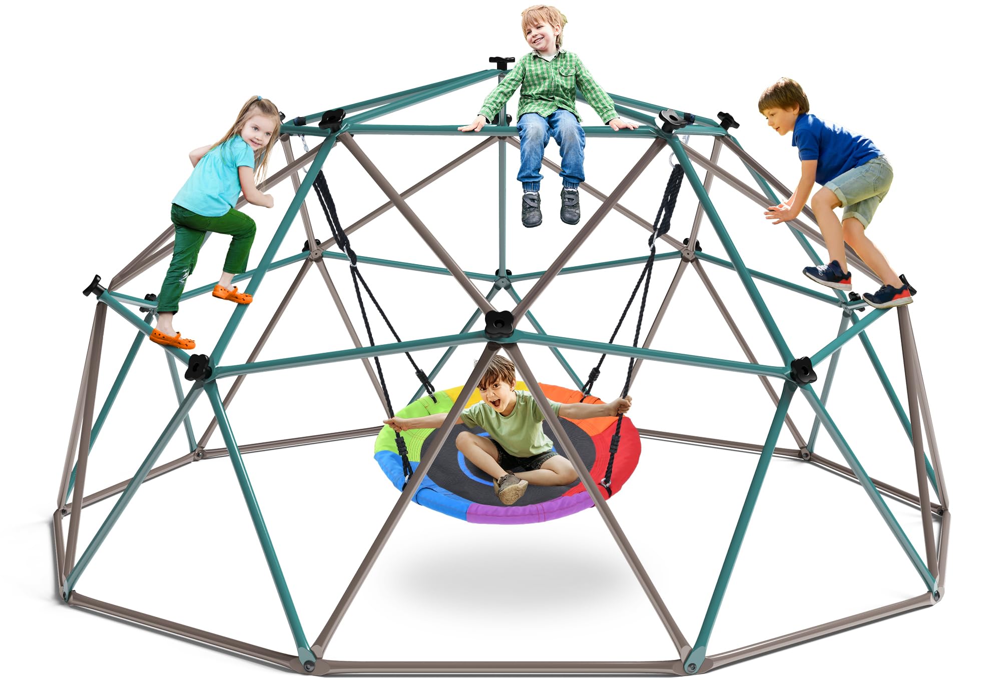 Hapfan 10 ft Climbing Dome Swing Set with Saucer Swing, Jungle Gym for Kids Outdoor Backyard, Supports 800lbs, Easy Asssembly, Rust-Resistant Outdoor