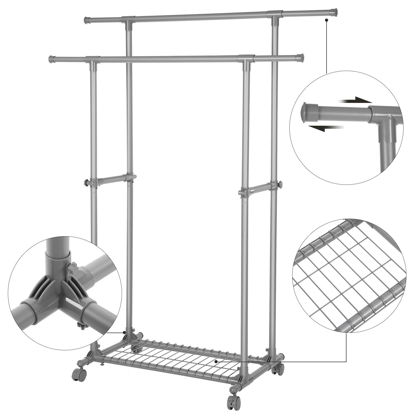 SONGMICS Wieszak na kółkach, wysuwany wieszak z podwójnym drążkiem, wieszak na ubrania, ładowność do 70 kg, (87-150) x 52 x 166 cm, na sukienki, koszule, garnitury, szary LLR13GY