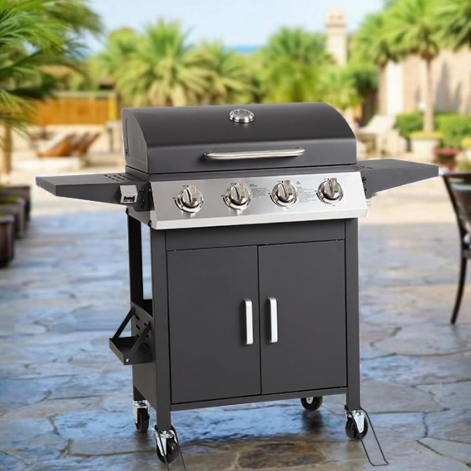 4-Burner Propane Gas Grill, Stainless Steel BBQ with 40,000 BTU, Foldable Side Shelves, Porcelain-Coated Grates, Ideal for Patio & Backyard Cooking (4 black)