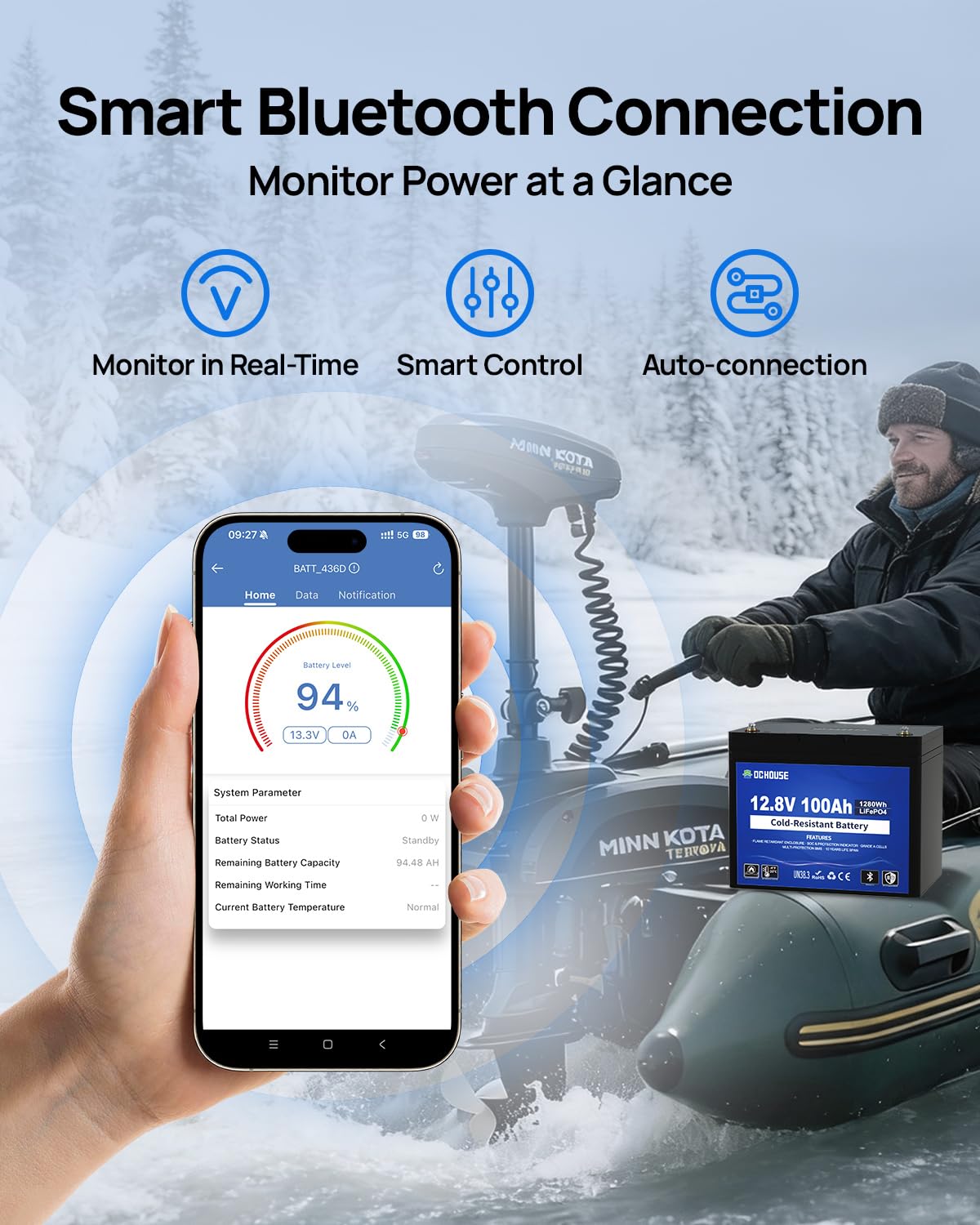 DC HOUSE 12V 100AH Cold-Resistant Lithium Trolling Motor Battery w SOC Status Indicators L-Temp Discharge Down to -22 — view 5