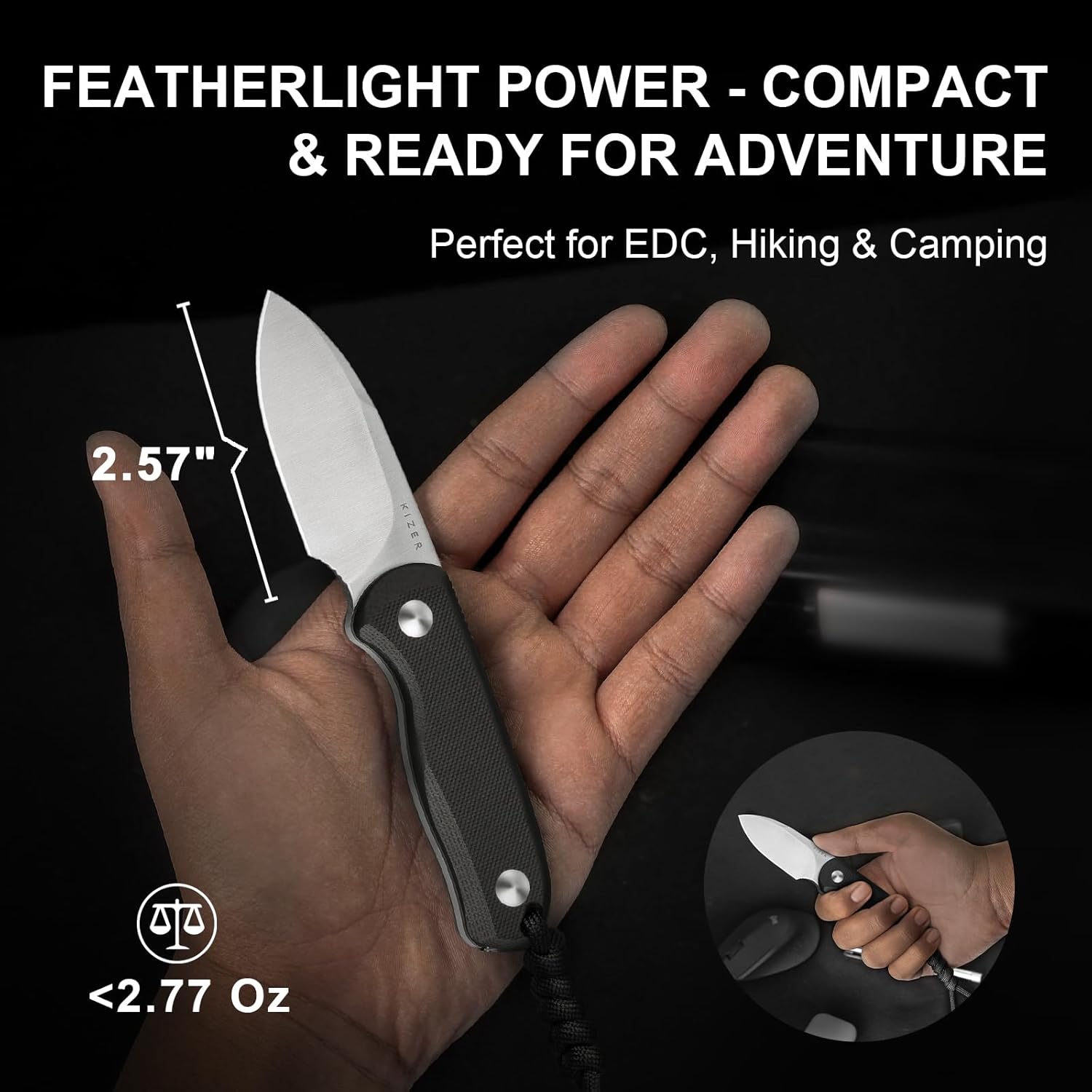 Kizer Drop Bear Fixed Blade Knife, 2.57" D2 Satin Blade EDC Camping Knife with Black G10 Handle and Hidden Tools, Outdoor Full Tang Hunting Survival Knives with Adjustable Kydex Sheath, 1094M2