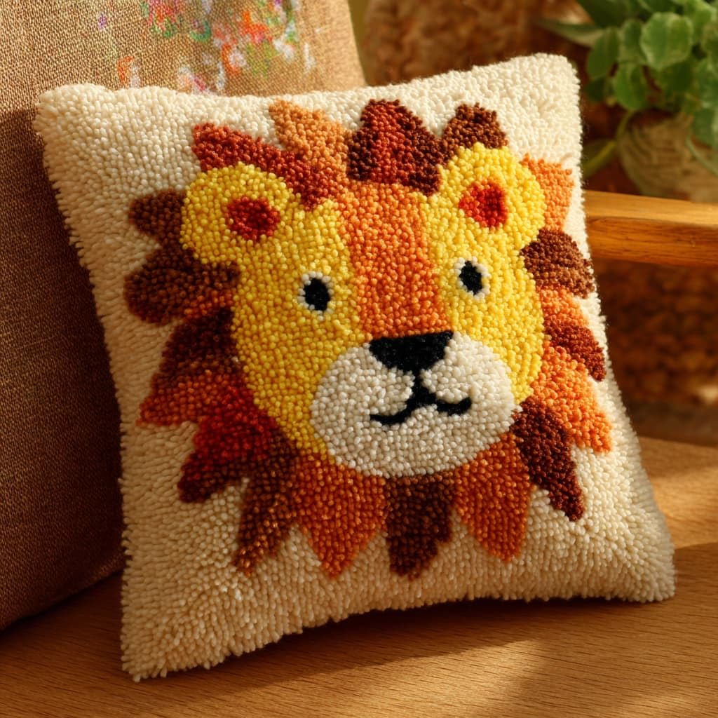 Taxpy Latch Hook Kits, Animal Lion Pillow DIY Rug Crochet Hook Cushion Making Kits with Preprinted Pattern Canvas Handmade Cushion Kit 43x43cm