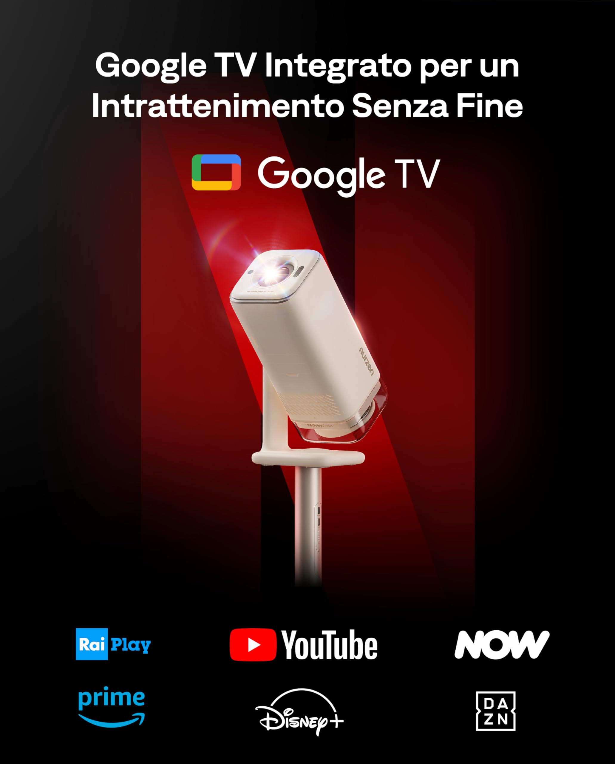 Aurzen Boom Air Mini Proiettore Portatile con Google TV&NetfIix, Supporto 4K, Ricaricabile via USB-C, Video Proiettore da Esterno con Dolby Audio, WiFi & Bluetooth, Autofocus TOF, Bianco Crema