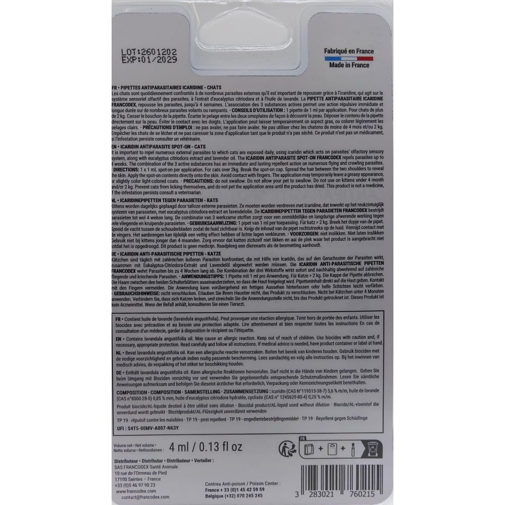 Francodex - 4 Pipettes antiparasitaires Icaridine Francodex - Chat Plus de 2 kg