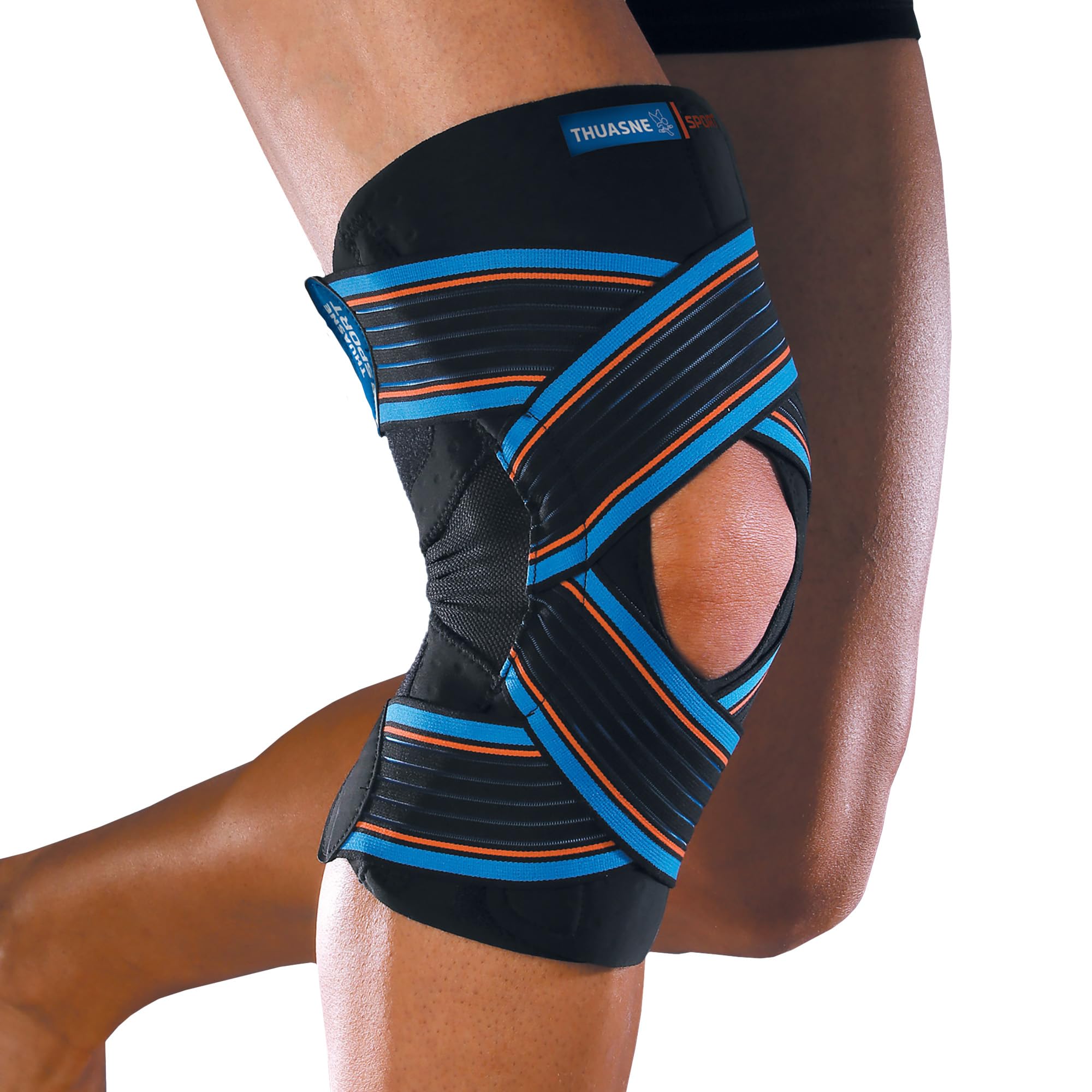 Thuasne Sport - Genouillère Strapping Ouverte - Genou Instable ou Douloureux - Limitation de Déperdition de Chaleur* - Indice de Maintien 3/3 - Dispositif Médical CE - Taille L