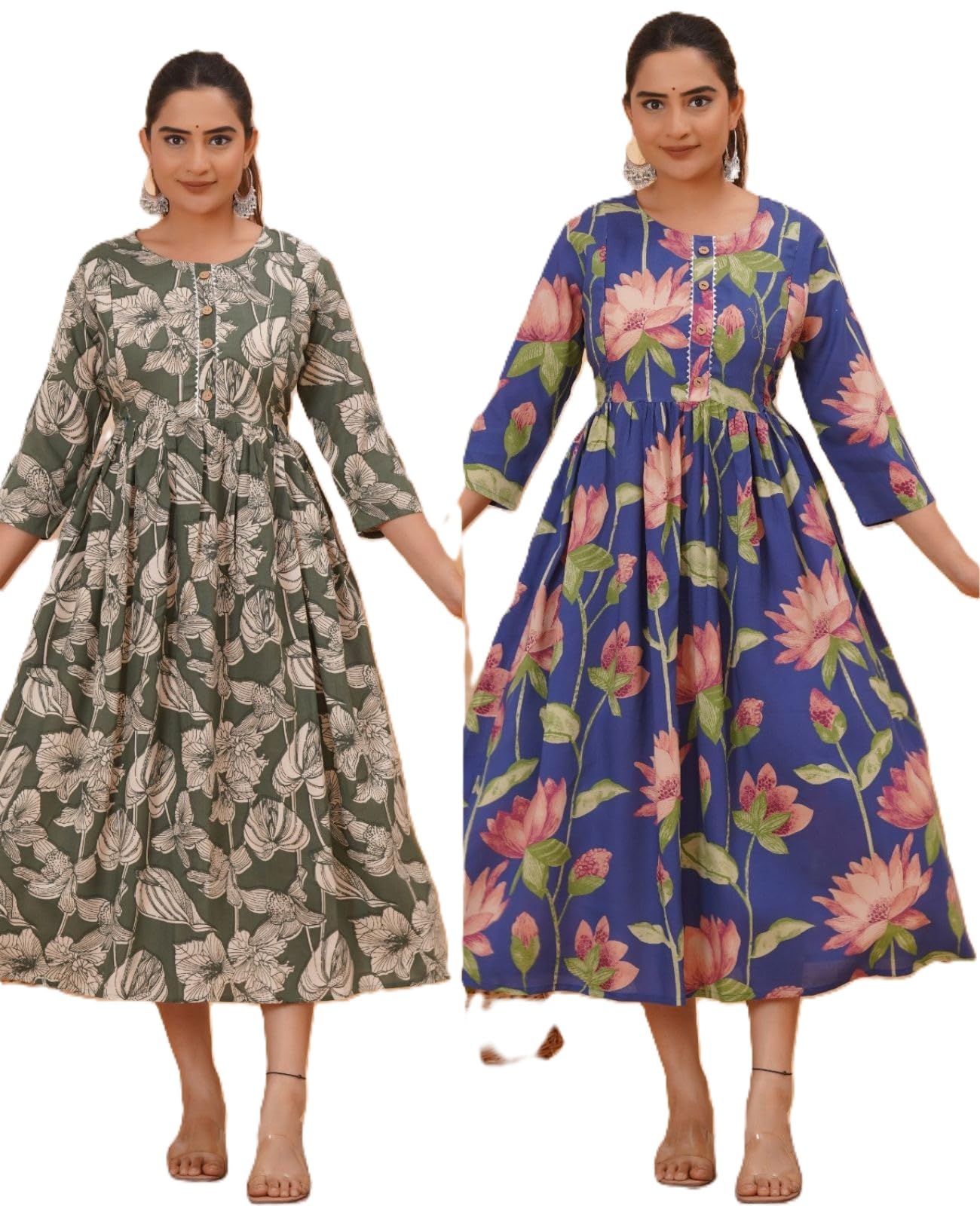 Floral Printed Maternity Midi Dress, Nursing Feeding Gown, 3/4 Sleeves, Green & Blue, Pack of 2-image-15