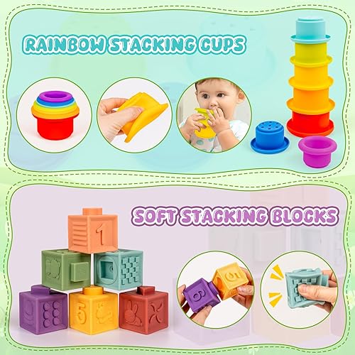 Miniatura 3 de Montessori Juguetes para bebés de 6 a 18 meses con clasificador de formas sensoriales a juego, juguete apilable, bloques de construcción suaves,