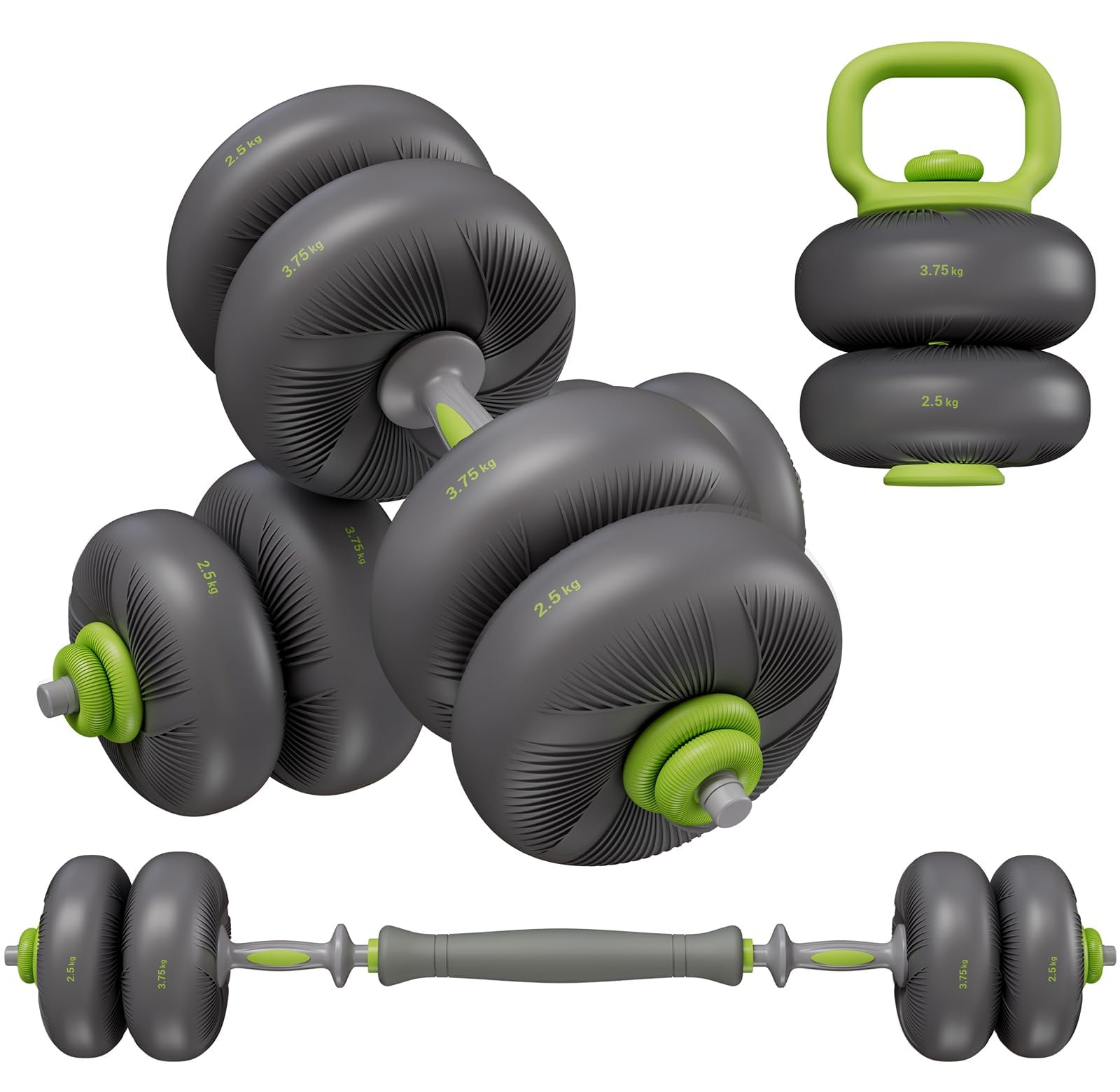 LIFERUN 4 in 1 Adjustable Dumbbell, Barbell, Push up Stand Set, Green, 25kg