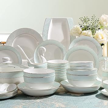 Bone China Tableware Set, 56-piece Tableware Set for 12 People, Microwave Oven-Compatible Tableware, Self-Cleaning Nano-Glazed Tableware, Mint Green Elegant Tableware