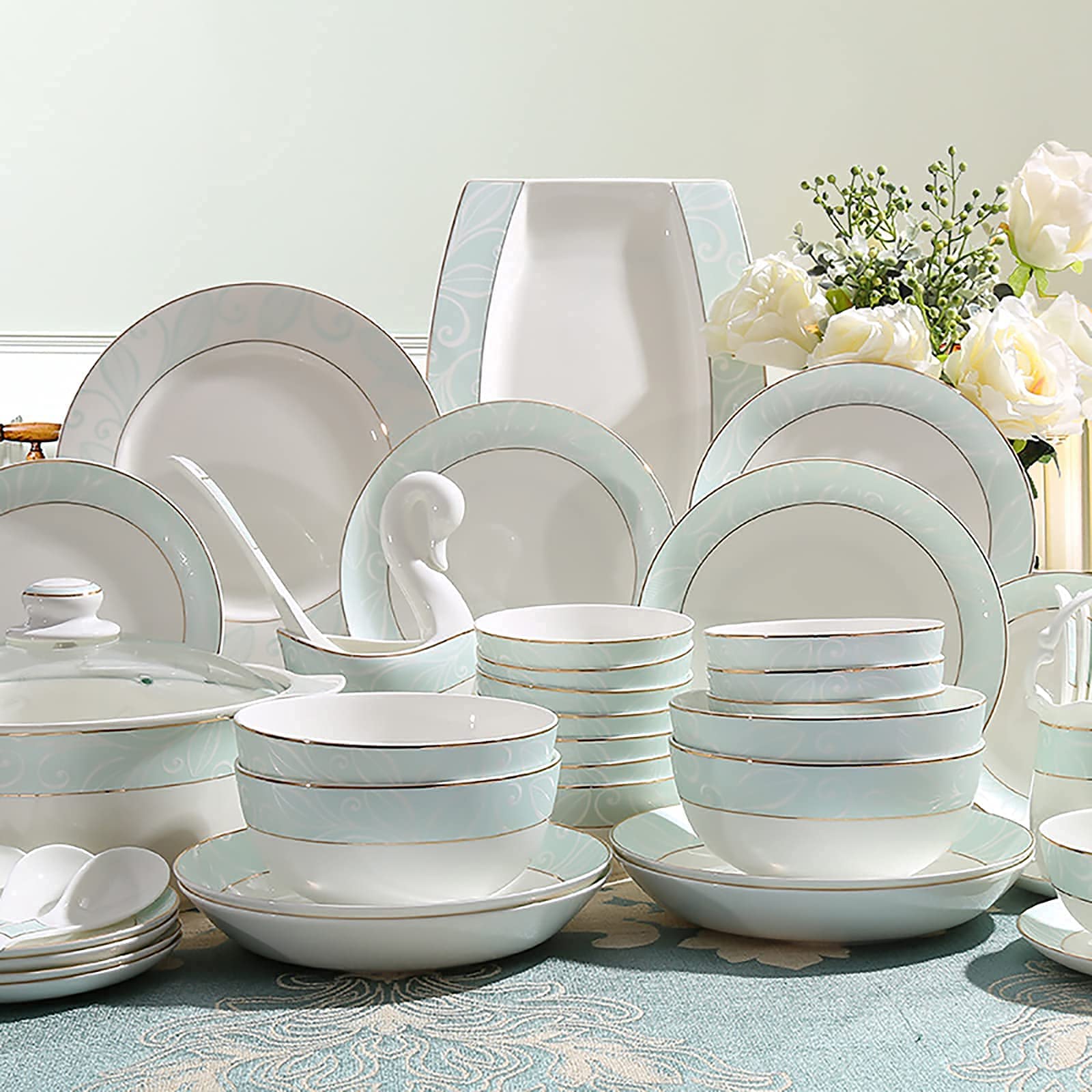 H3TF5J 56-częściowy zestaw zastawy stołowej, zastawa stołowa z porcelaną z węglem kości, zniszczona i trwałe zastawa stołowa, zastawa stołowa dla 12 osób, zastawa stołowa w parametrach domowych