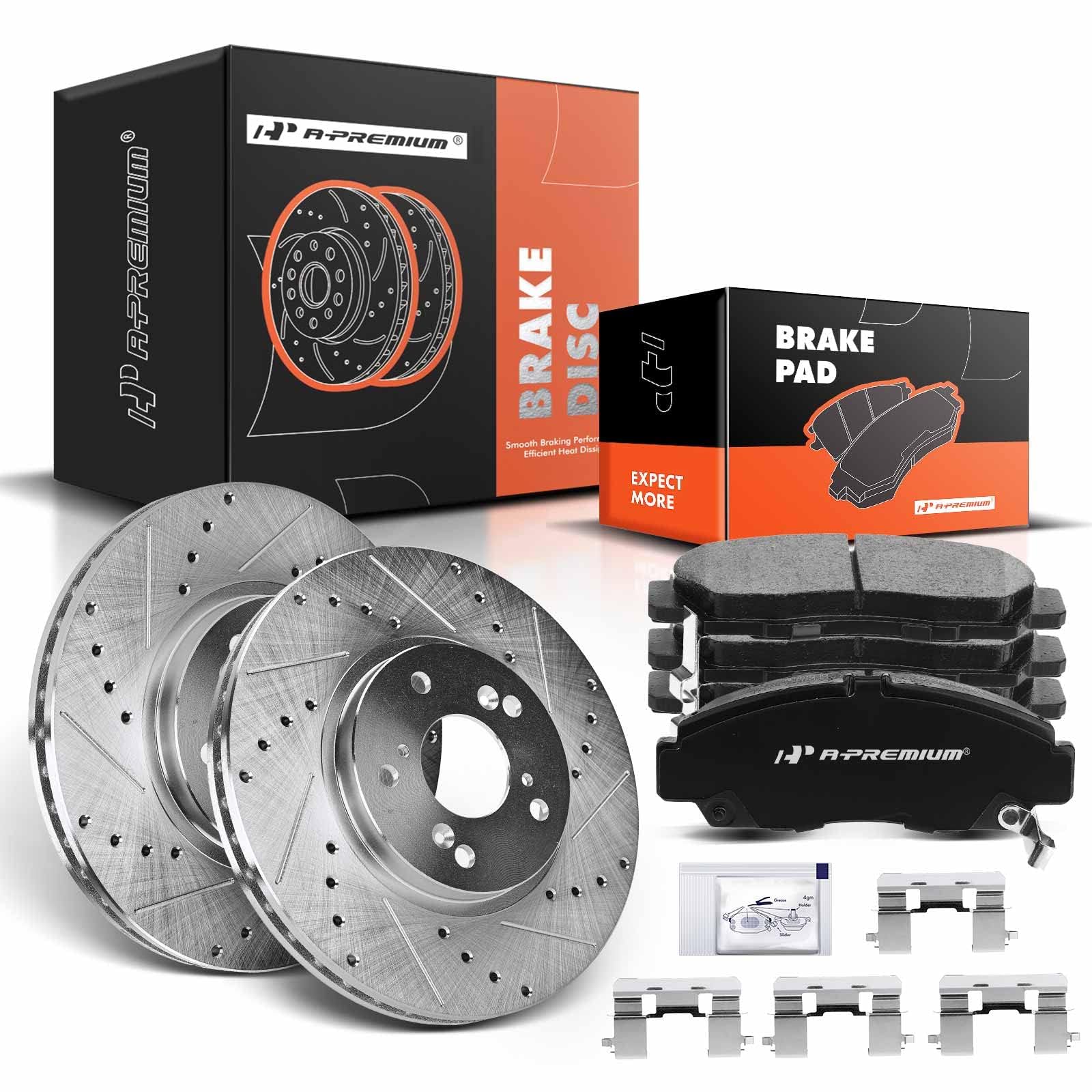 APremium 11.81 inch(300 mm) Front Disc Brake Rotors + Ceramic Pads Kit