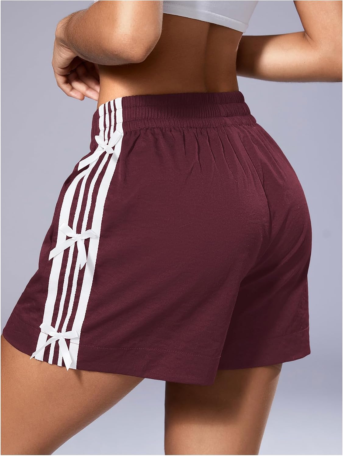 Verdusa Women's Bow Striped Track Shorts Y2k Elastic Waist Wide Leg Gym Shorts