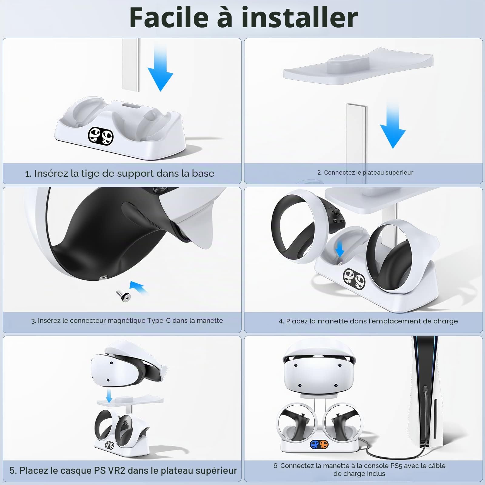 Tokluck Chargeur PSVR 2, Base de Chargeur Rapide 2H avec Support de PlayStation VR2, Station de Charge, Connecteur Magnétique et Câble de Type C, Accessoires
