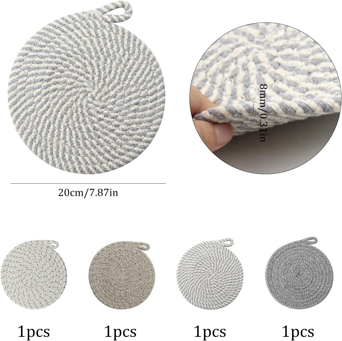 Set of 4 Heat Resistant Coasters Pot Made of Cotton Plate Coasters Round 20 cm Place Mat Round for Kitchen Bowl Pot Pans Pot and Plates (4 Colours)